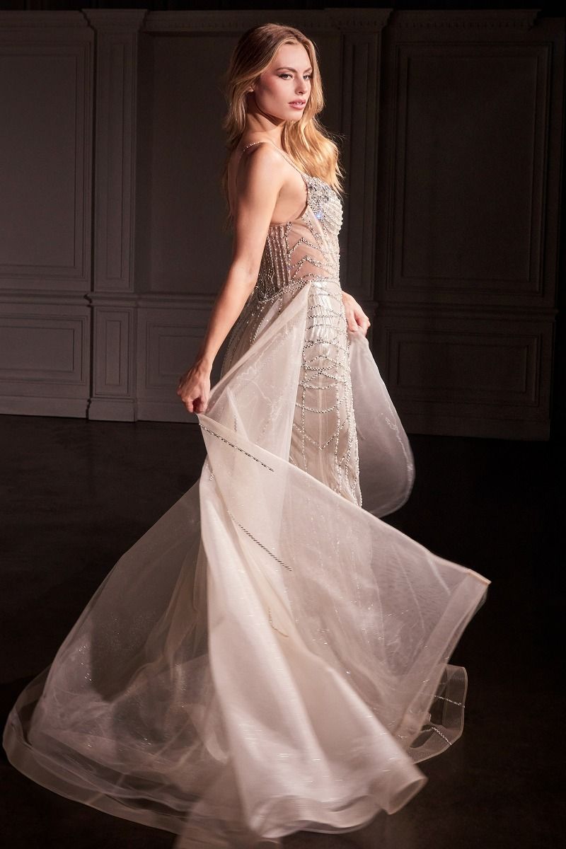 Ivory Sequin Mermaid Gown with Sheer Skirt and Beaded Bodice