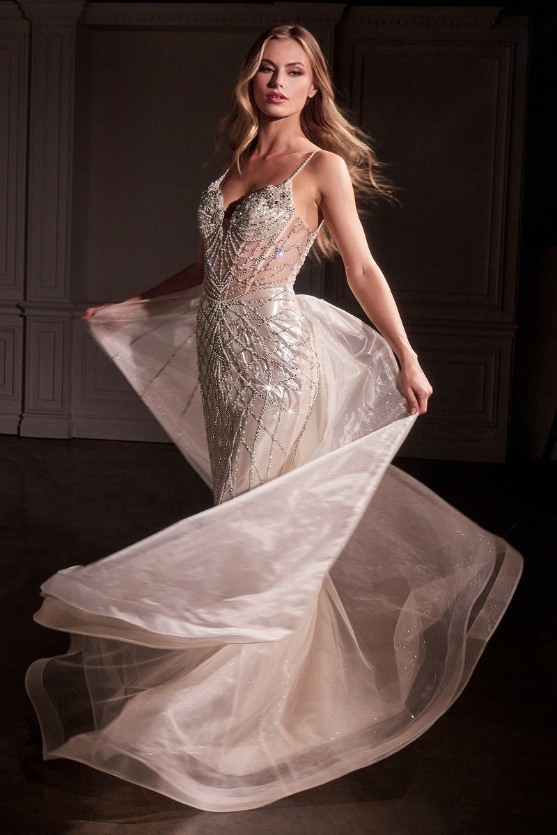 Ivory Sequin Mermaid Gown with Sheer Skirt and Beaded Bodice
