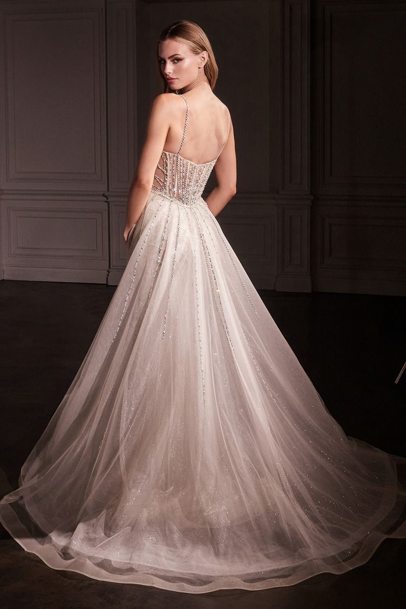 Ivory Sequin Mermaid Gown with Sheer Skirt and Beaded Bodice