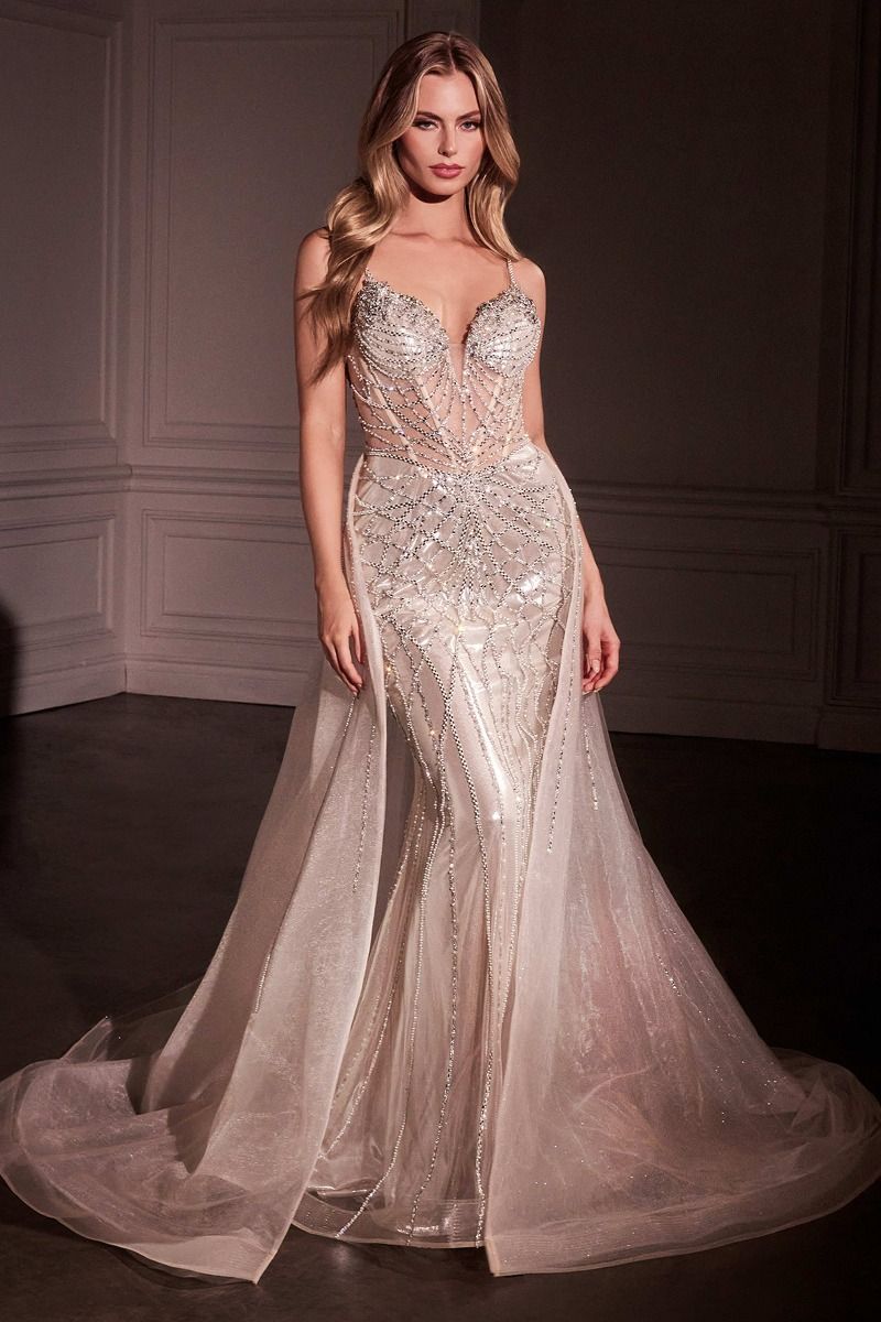 Ivory Sequin Mermaid Gown with Sheer Skirt and Beaded Bodice